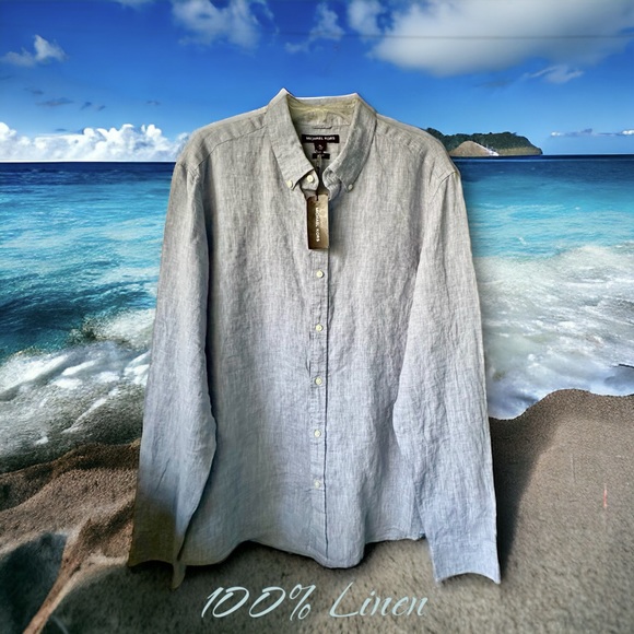 MICHAEL KORS Men’s Chambray 100% Linen Chambray Long Sleeve Button Up Shirt - Picture 1 of 12
